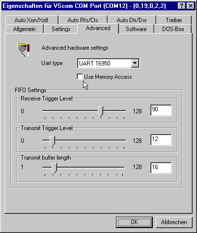 Advanced hardware settings of VScom serial port. FIFO settings.