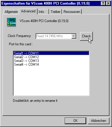 Advanced settings of VScom card, Port list